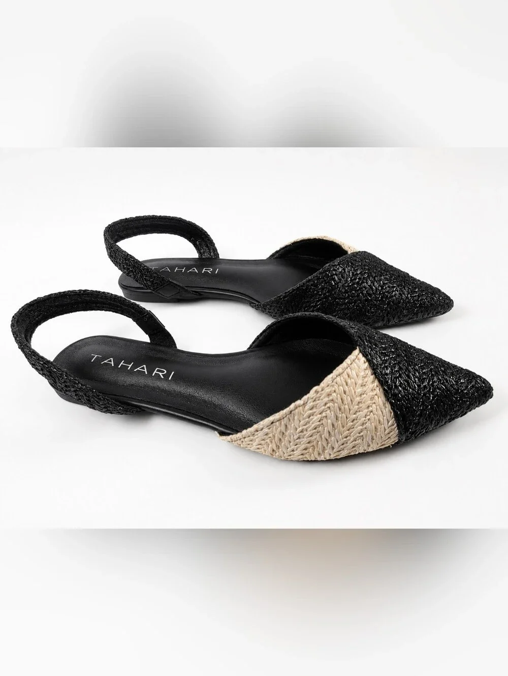Tahari Rio Black Ivory Raffia Woven Slingback Flats Multiple Sizes